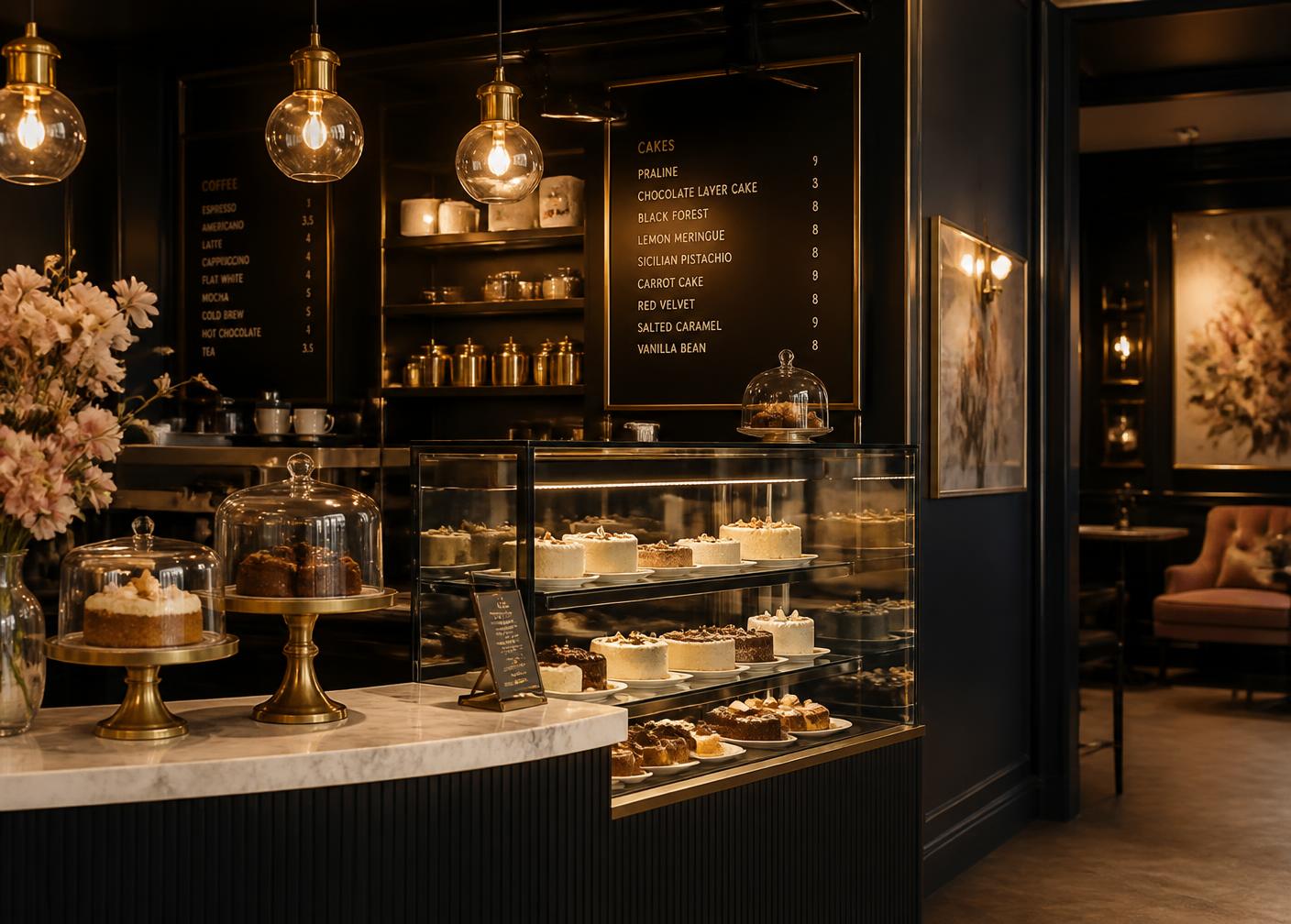 Interior de la pastelería Bendito Dulce con vitrina de tortas
